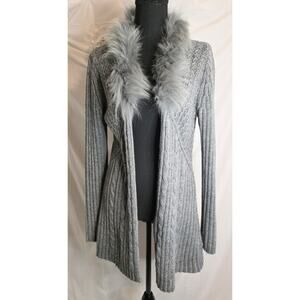 Milano Sweater Cardigan Faux Fur Collar Women's Size M Gray Wool Blend